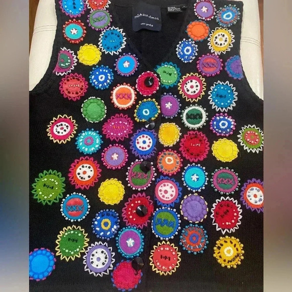 Vintage Michael Simon Black Rainbow Appliqué Circle Sweater Vest Sz S - Picture 2 of 7
